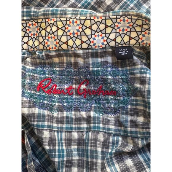 Robert Graham Shirt Mens Medium Blue Gray Plaid Long Sleeve Button Flip Cuffs - Picture 10 of 15